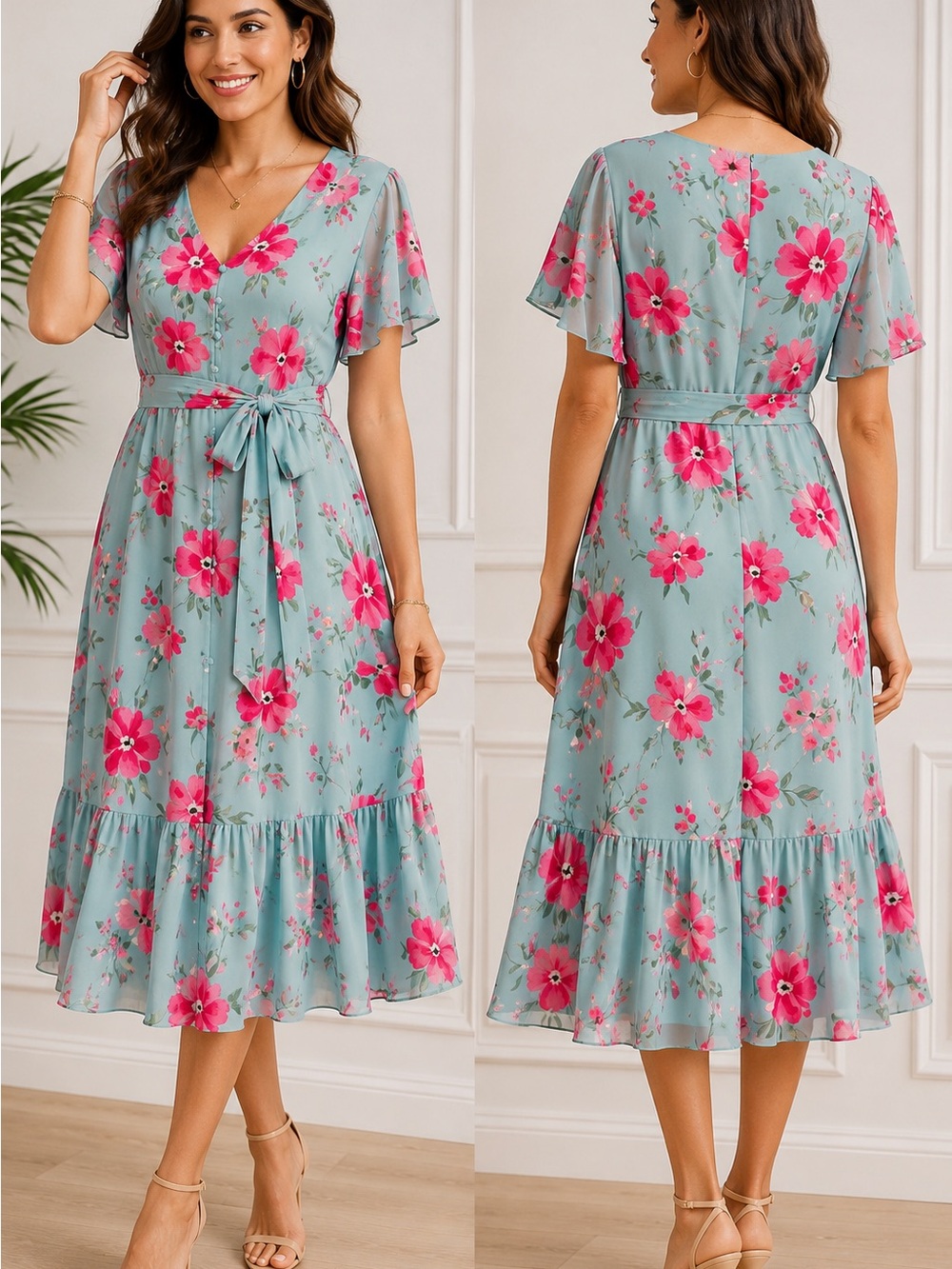 Calvin Klein Floral V-Neck Midi Dress in Teal with Pink Flowers NWOT